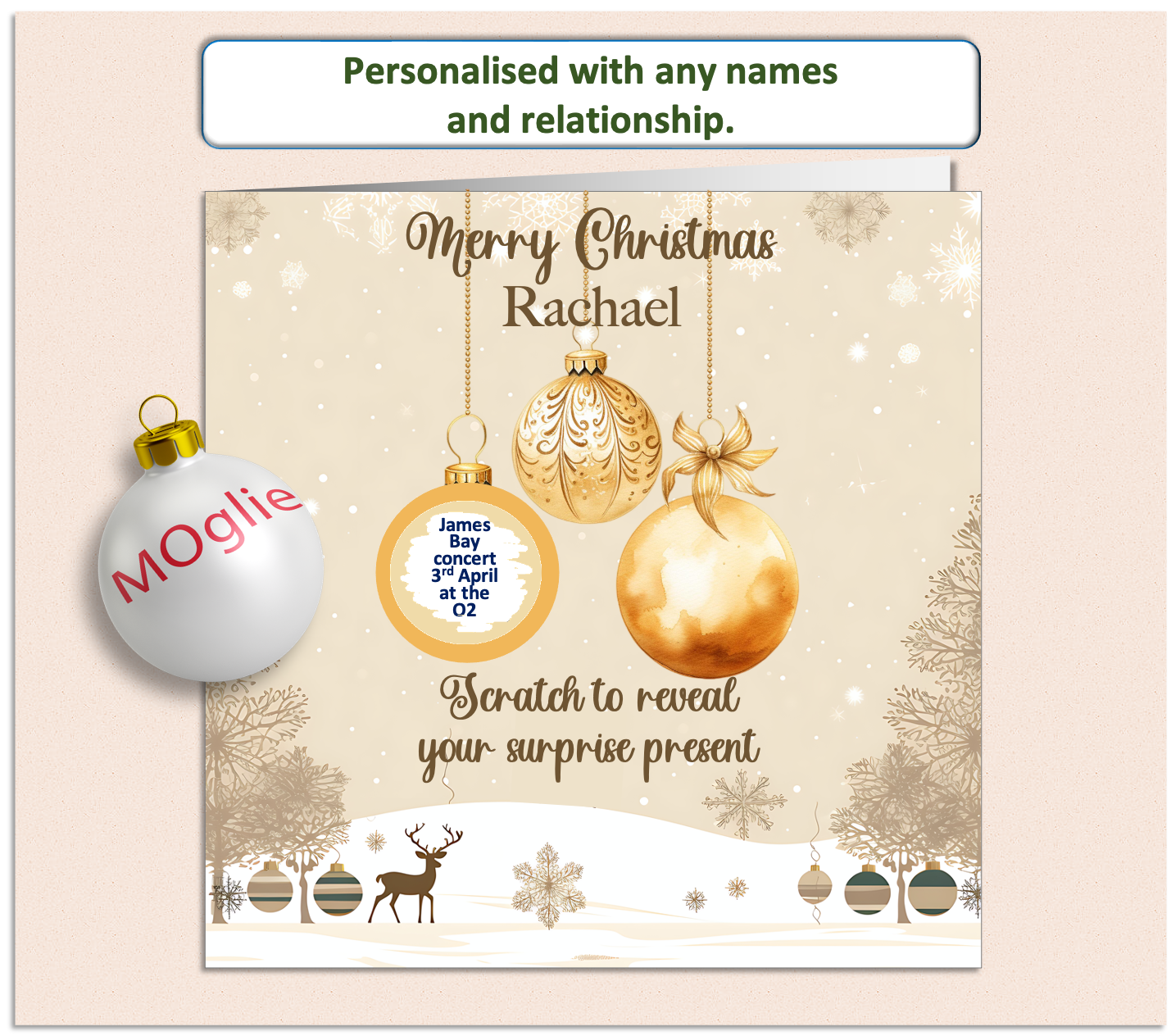 gold bauble Christmas card, with on having a scratch to reveal panel hiding details of a surprise present.