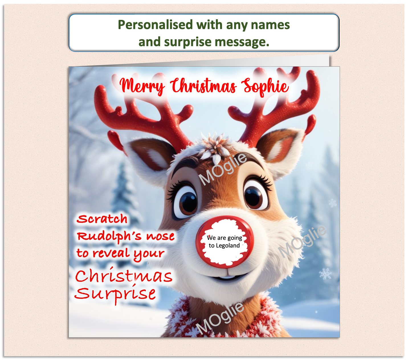 charming card of Rudolph red nosed reindeer with a scratch to reveal red circle on his nose. For surprise present giving.