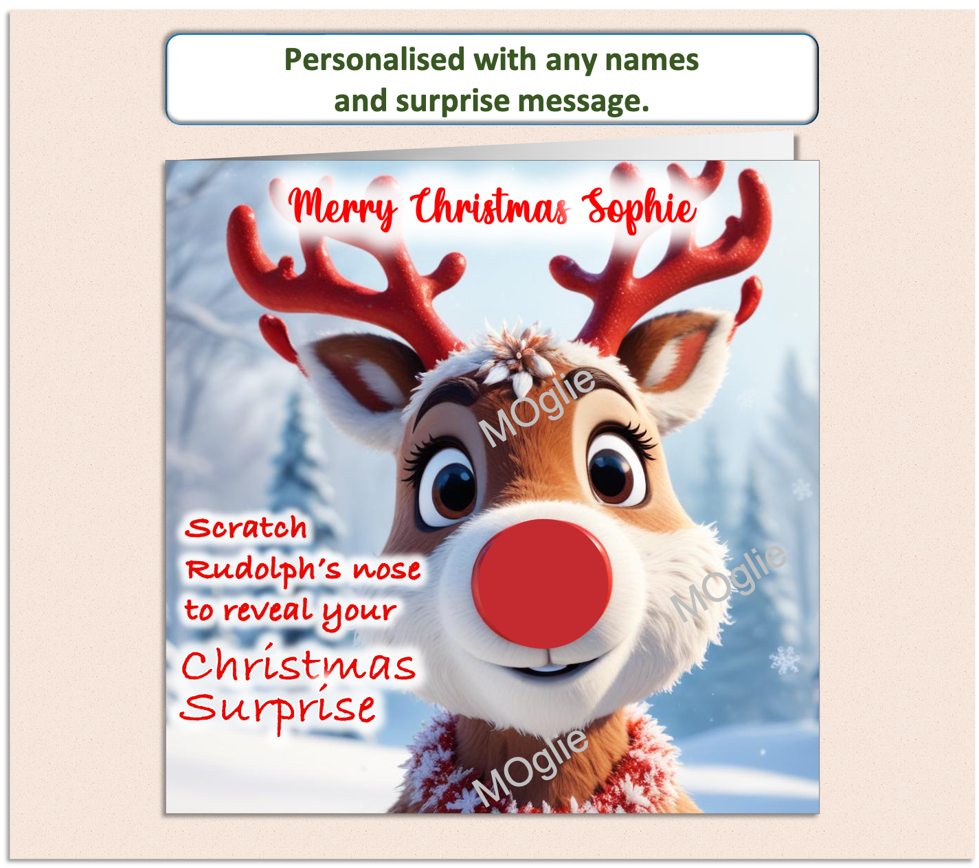 charming card of Rudolph red nosed reindeer with a scratch to reveal red circle on his nose. For surprise present giving.