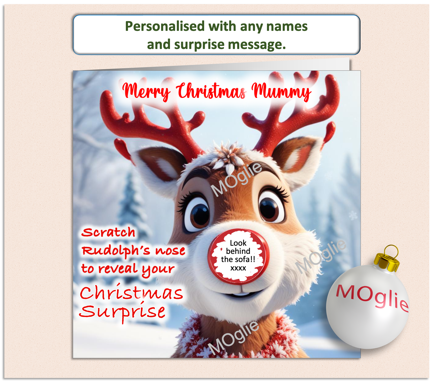 charming card of Rudolph red nosed reindeer with a scratch to reveal red circle on his nose. For surprise present giving.